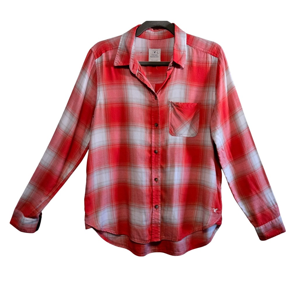 American Eagle Granola Girl Ruby Plaid Vintage Boyfriend Flannel Shirt Women M